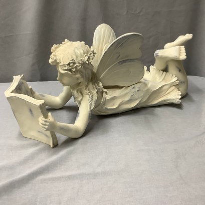 XL Resin Reclining Statue Of Angel Reading A Book
