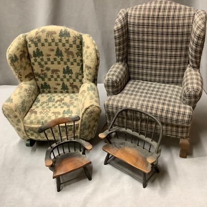 Dollhouse Furniture: Large Rustic Fabric Rocker, Wingback Chair And 2 Smaller Size Wood Chairs