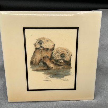 J. Sawitz Sea Otters Painted Ceramic Tile, Signed Lower Right