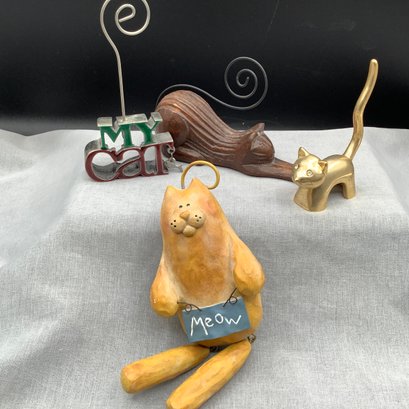 Brass Cat Ring Holder, 2 Cat Note Or Photo Holders & Wood Cat With Swinging Legs