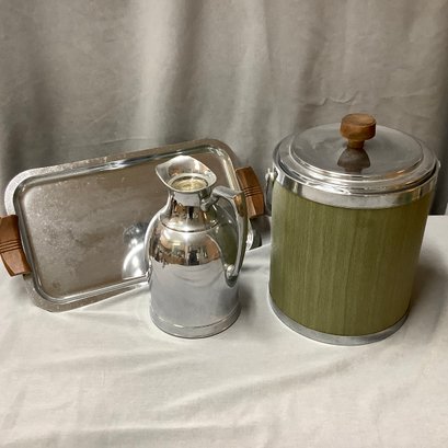 MCM Kromex Ice Bucket, Landers, Frary & Clark Carafe Pitcher And MCM Serving Tray With Wood Handles
