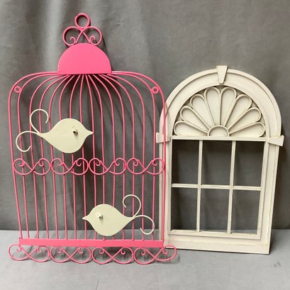 Wall Decor, Metal Whimsical Bright Pink Birdcage With Fanciful Birds And A Faux Wooden Window