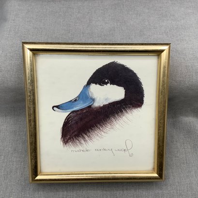 Signed Watercolor Art Of Bird With Blue Bill, Michele Conley Wood