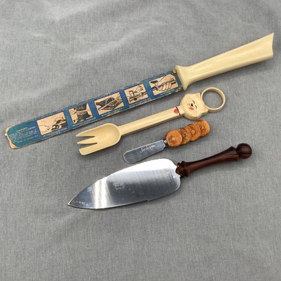 Vintage Quikut Knife With Original Sleeve, Joie De Vivre Butter Knife, Sheffield England Server & Cat Spork