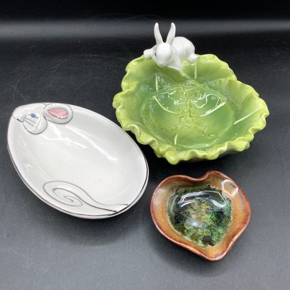 3 Trinket Dishes, One Pottery Heart Shape With Crushed Glass Center, Bunny On Cabbage And Bunny