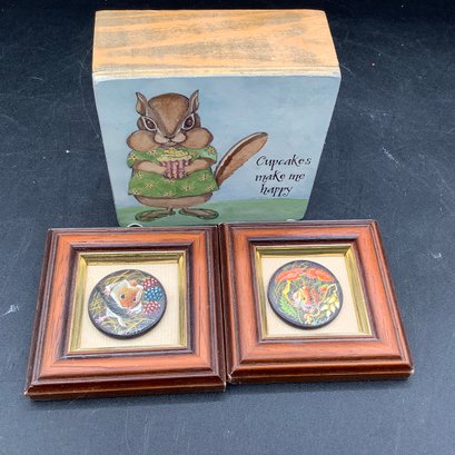 Primitives By Kathy Phillips Chipmunk Art And 2 Ken Taylor Miniature Signed Art Mice Paintings