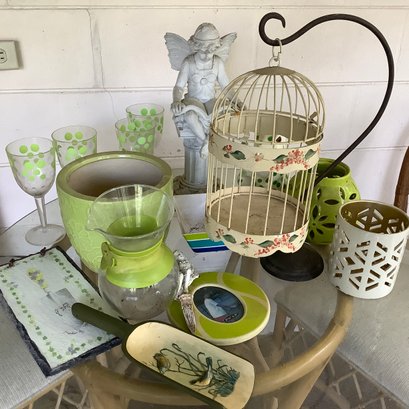 Patio Grouping With Angel On Pedestal, Bird Cage Decor, Candle Holders, Hand Painted Wood Scoop, Slate Tile
