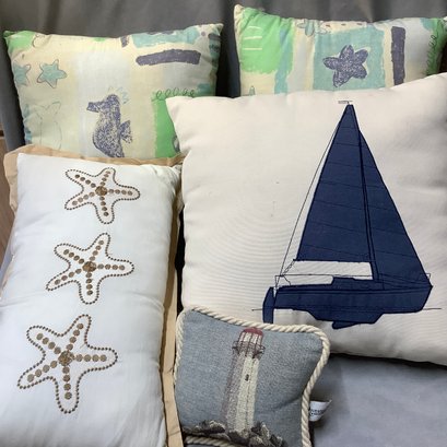 Nautical Theme Pillows, Boats, Starfish, Seahorses And Mlni Lighthouse With Rope Border
