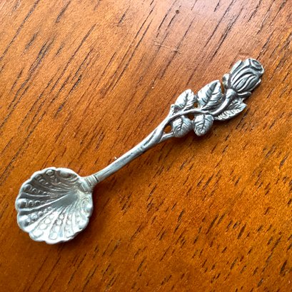 Antique 800 Silver Tiny Salt Spoon, Rose And Leaves Handle, Scalloped Shell Bowl