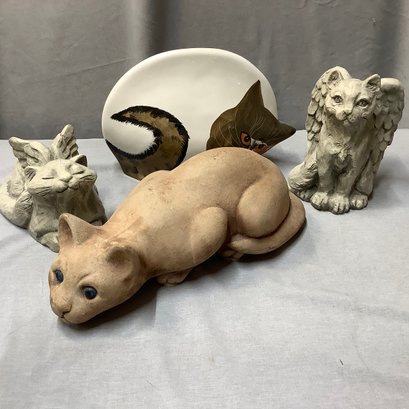 2 Artist Made Angel Cat Sculptures, Life-size Realistic Concrete Cat Made In England & Ceramic Cat Planter