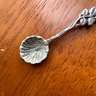 Antique 800 Silver Tiny Salt Spoon, Rose And Leaves Handle, Scalloped Shell Bowl