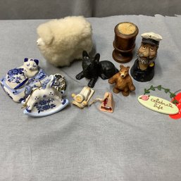 Delft Blue Holland Cat S/P, Welch Slate Dog, New Zealand Sheep W/ Real Fleece, Bethleham Candle Holder