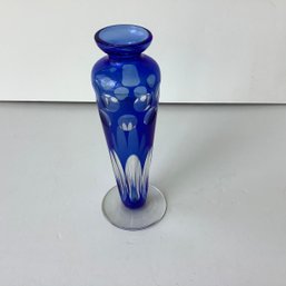 Cobalt Blue Cut To Clear Crystal Vase