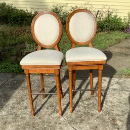 Broyhill Bar Stools, White Fabric, Bamboo Style Front Legs, Crosshatch Back, Swivel And Spring Back In Place