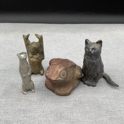 Vintage Metal Cat, Brass Frog, Brass Buddha And Metal Meercat Small Figurines