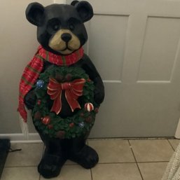 OVERSIZED Carved Christmas Bear With Fabric Scarf Holding A Wreath