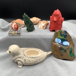 Carved Jade Wolf, Carved Cinnabar Dragon, Marble Egg On Stand, Painted Rocks, Carved Seal Dish