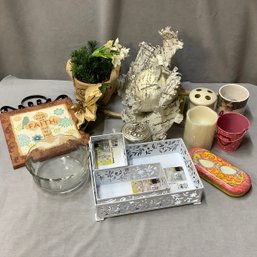 Mix Decor Lot, Paper Cabbage, Metal Organizers, Faith Sign, Christmas Burlap Sack With Faux Pine