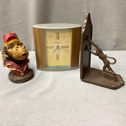 Working Howard Miller Clock, Monkey Book End And Monkey Wearing Red Coat And Hat