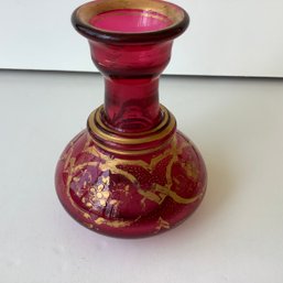 Ruby Glass Bohemian Small Vase Or Perfume With Gold Handpainted Design