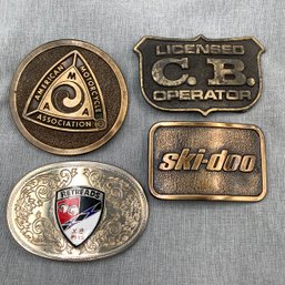 4 Belt Buckles From 1970s, American Motorcycle Association, CB Operator, Ski-doo And Retreads