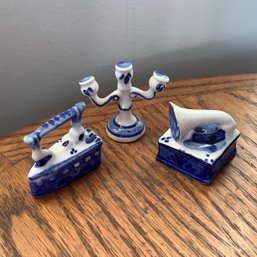 3 Blue And White Miniature Porcelains, Sad Iron, Candelabra, Phonograph