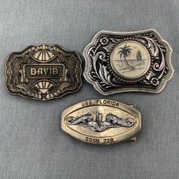 3 Belt Buckles, Monogram David, Palm Tree With Ship And USS Florida SSGN 728