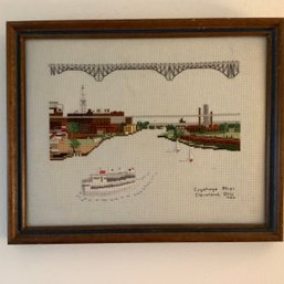 Framed Cross Stitch Art Of Cuyahoga River, Cleveland OH