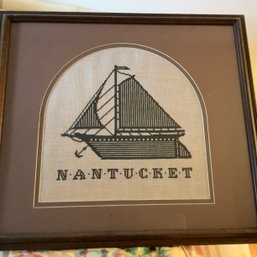 Nautical Nantucket Needlework Art, Framed With Unique Rounded Matting
