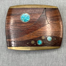 Solid Bronze Vintage Crushed Turquoise And Wood Marquetry Belt Buckle