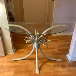 Half Moon Console Table, Glass Top, Metal Floral Base