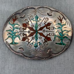 Bravi Southwestern Style Belt Buckle With Inlaid Turquoise And Coral