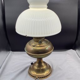 Antique Rayo Brass Hurricane Lamp Dated 1895, Fluted Milk Glass Shade