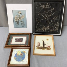 5 Pieces Of Art Including Dried Flower Art, Egret On Bike Print, Signed New Orleans Photo