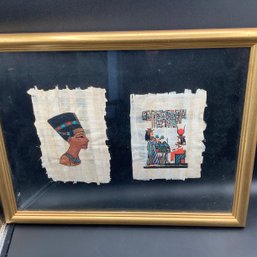 2 Egyptian Papyrus Paintings In A Floating Clear Glass Mat And Gold Frame