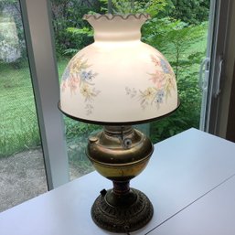 Authentic 1895 Dated Hurricane Lamp With Hand Painted Floral Shade And Glass Chimney