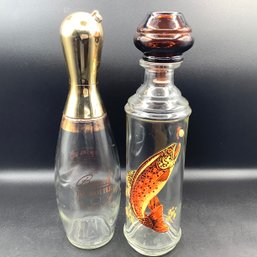 Pair Of Decanters, Beam's Pin Bottle And Cabin Still Decanter 1968 With Brown Speckled Trout