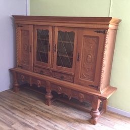 Amazing Antique German Buffet With Amber Glass Leaded Doors, Lion Carvings, Oak Construction.