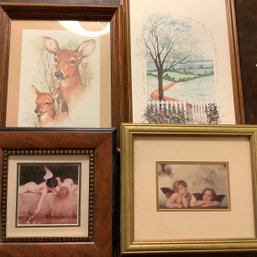 4 Piece Framed Art. 3 Prints, Artwork Of Deer Appears To Be Signed Watercolor Sketch