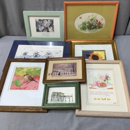 8 Piece Art Prints, 7 Framed, One In Plastic And Matted.