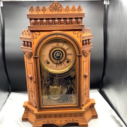 Gilbert Wood Mantle Clock With Gold Etched Spider Web, 1883