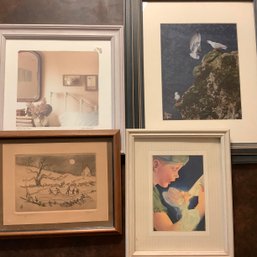 4 Framed Art Prints, Peter Pan, White Iron Bed By Andy Mandolf, Ross Jeffries Birds, Signed Learning To Skate