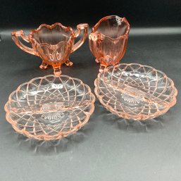 Vintage Depression Glass- Pair Of Diamond Design Divided Dishes And Cream And Sugar