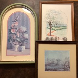 3 Framed Artwork Pieces, One By D. Morgan 1990, Frankenstein Bleak Wintery Home And Still Life Flowers