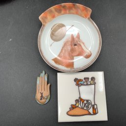 Horse Trinket Tray Signed Leigh Workman, Cleo Teissedre Hand Painted Tile, Signed Pottery Hand, Glazed