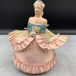 Vintage Doll Pin Cushion, Chalkware With Fabric Pin Cushion Bottom