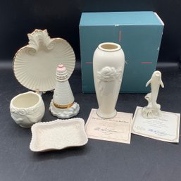 6 Lenox Items With 24K Gold: Dolphin, Rose Blossom Bud Vase, Lighthouse Treasure Box, Aegean Dish