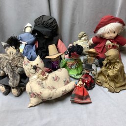 Dolls, Some Handmade. Cat Has Real Fur Stole, Clothespin Doll, Papier Mache, Primitive, Cat And More