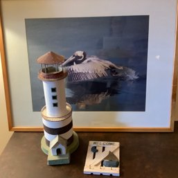 Tin Lighthouse Decor, Large Framed Photograph Of Pelican Taking Off In Water, Nautical Welcome Wall Key Rack