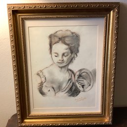 Framed Signed Charcoal Sketch Of Woman With Tambourine
